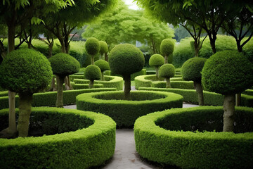 topiary art, topiary garden, English garden, regular garden, trimmed trees and shrubs, garden care, ai generative 