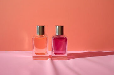 two glass perfume bottles, orange background, pink background, metal caps, perfume for women, perfume object shot, studio shot, ai generative 