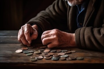 senior man counting coins on a wooden table poverty, low pension and the resilience to save money.