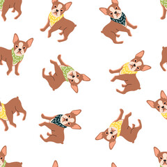 Boston Terrier dog breed seamless pattern. Beige doggy with a yellow and green neckerchief.Animal print on fabric and paper.Cute endless wallpaper.Vector flat style illustration on a white background.