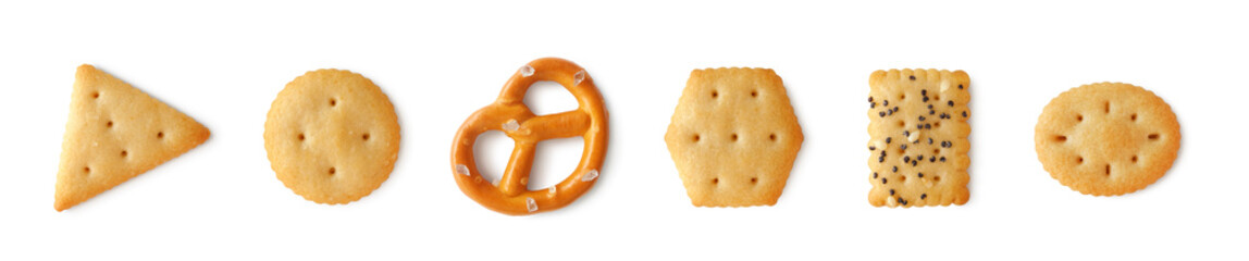 Collection of different salted crackers and mini pretzel isolated on white background    