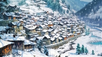 Fototapeta na wymiar A blizzard in a mountain village . Fantasy concept , Illustration painting. Generative Ai