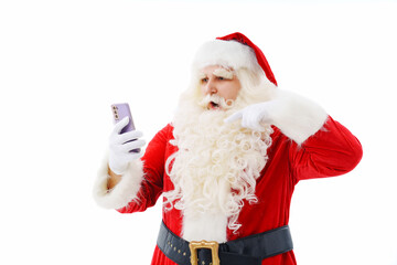 Santa Claus is Confusion with a smartphone in his hands on a white background. 