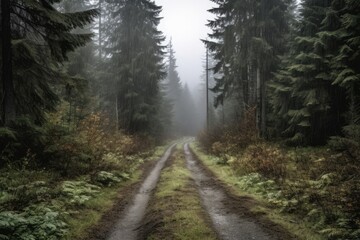 scenic dirt road winding through a lush forest. Generative AI