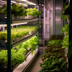 Growing greens in a smart greenhouse. Organic plants on vertical farms. Vertical farming, agriculture future. Blurred background. Generative AI