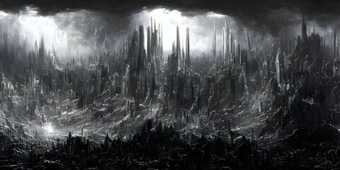 An apocalyptic cityscape, futuristic but with a sort of organic feel.