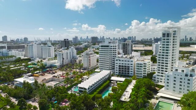 View from above of american southern architecture of Miami Beach. South Beach high luxurious hotels and apartment buildings. Tourist infrastructure in southern Florida, USA
