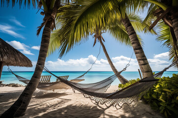 Two hammocks swaying on a tropical beach with teal waters and clear skies. Generative AI