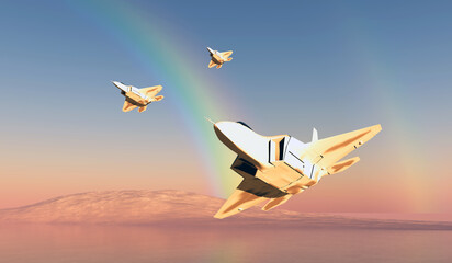 F-22 Fighters with Rainbow - A rainbow finds a squadron unit of F-22 fighter jets on patrol over the environment.