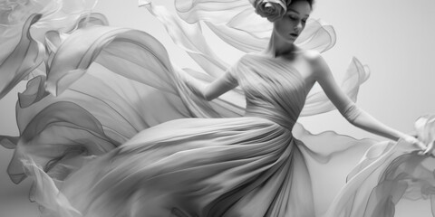 Fototapeta na wymiar Fashion sensual woman in white fluttering dress, White Dress flying on Wind. Glamour model dancing with long silk fabric flying on wind, digital ai 