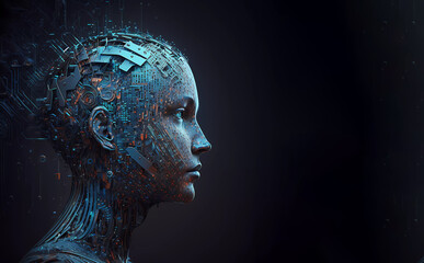 Humanoid head with neural network thinking. Generated AI