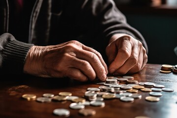 senior man counting coins, reality of poverty and the necessity of saving money on a meager pension.