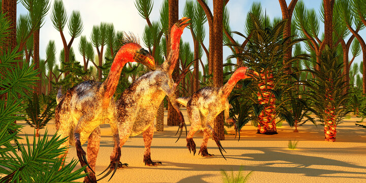 Therizinosaurus Dinosaur Hunting - Therizinosaurus theropod dinosaurs hunt for prey among Sigillaria Trees.