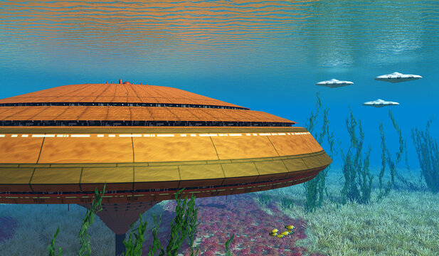 Underwater Alien Station - Submersible spaceships arrive to an underwater city from an alien planet.