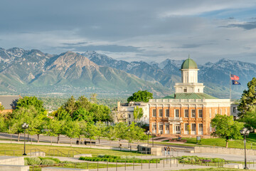 Old Salt Lake City Council Hall, Utah with mountain in the background