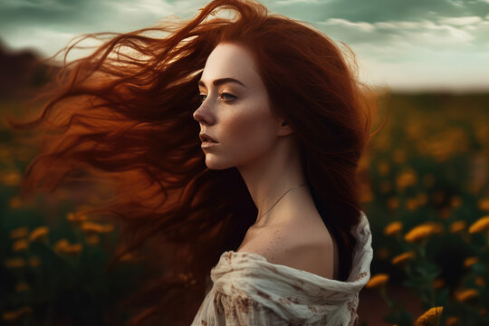 A girl with red hair in a field of sunflowers, blue sky. Summer photo of a mysterious girl in nature. Wind in the hair. generative ai