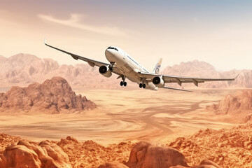 The plane flies over the desert, travel to warm countries, vacation, fly at sunset. Flights. generative ai
