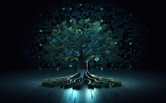 A green tree stands atop a circular circuit, symbolizing the harmonious integration of nature and technology in the digital realm