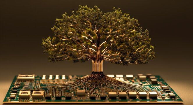 A green tree stands atop a circular circuit, symbolizing the harmonious integration of nature and technology in the digital realm
