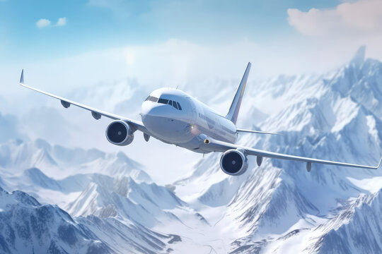 Airplane flies over winter mountains at sunset, vacation, fly at sunset. Night flights. generative ai