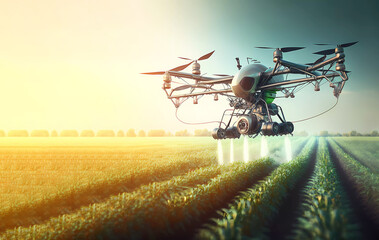 Drone. The drone waters the fields with the harvest. New technologies in agriculture. Generated AI