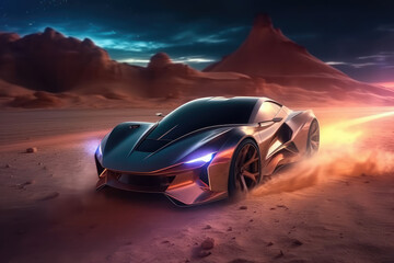 Obraz na płótnie Canvas Sports car of the future on the road in motion, speed and transport. Sports car in the desert neon light. generative ai