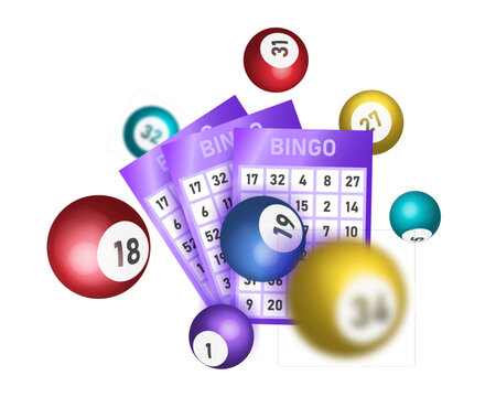 Bingo lotto game balls and lottery cards with lucky numbers. Realistic keno gambling game win poster with cards burs vector concept.