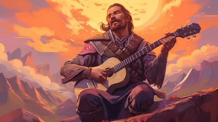 A bard performing a song of epic heroism on a battlefield . Fantasy concept , Illustration painting. Generative Ai