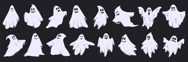 Set of cloth Ghosts. Flying Phantoms. Halloween scary ghostly monsters. Mysterious night shadows characters. Isolated vector illustration EPS10