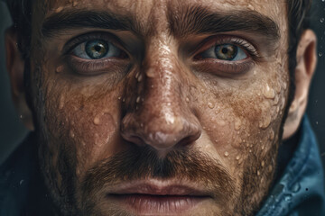 Obraz premium Portrait of a man in the rain looking at the camera. generative ai