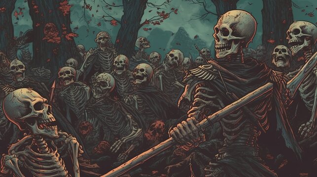A dead barbarian fighting a horde of undead skeletons in a haunted cemetery . Fantasy concept , Illustration painting. Generative Ai