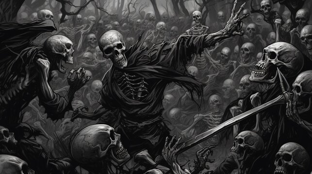 A dead barbarian fighting a horde of undead skeletons in a haunted cemetery . Fantasy concept , Illustration painting. Generative Ai