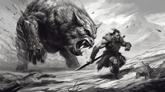 A barbarian charging into battle with a wild boar . Fantasy concept , Illustration painting. Generative Ai