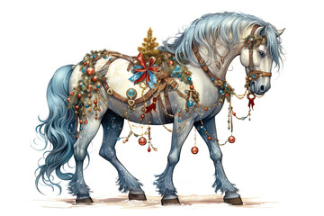 Illustration of a horse in a festive fantasy christmas setting on white background