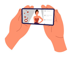 Watching videos online on mobile phone screen. Podcast, news, watching video online, talk show, tv application, live streaming. Hands holding phone