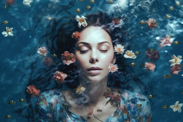 A girl swims under water, a woman with beautiful hair, flowers and roses, nature. generative ai