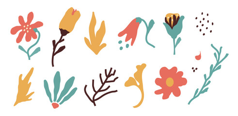 Simple abstract hand drawing of various shapes, patterns. Nature botanical flowers, leaves, objects, modern fashion elements. for print, banner, card, social networks. vector art illustration.