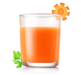 Glass of carrot juice and piece of raw carrot, isolated on white