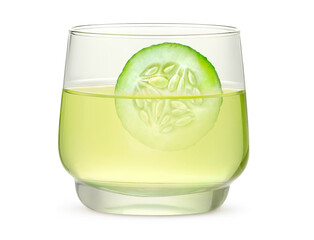 Glass of cucumber water and slice of fresh cucumber isolated on white
