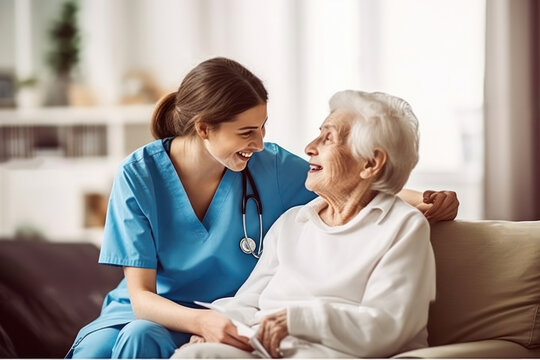Positive health visitor hugging and supporting senior patient sitting on sofa