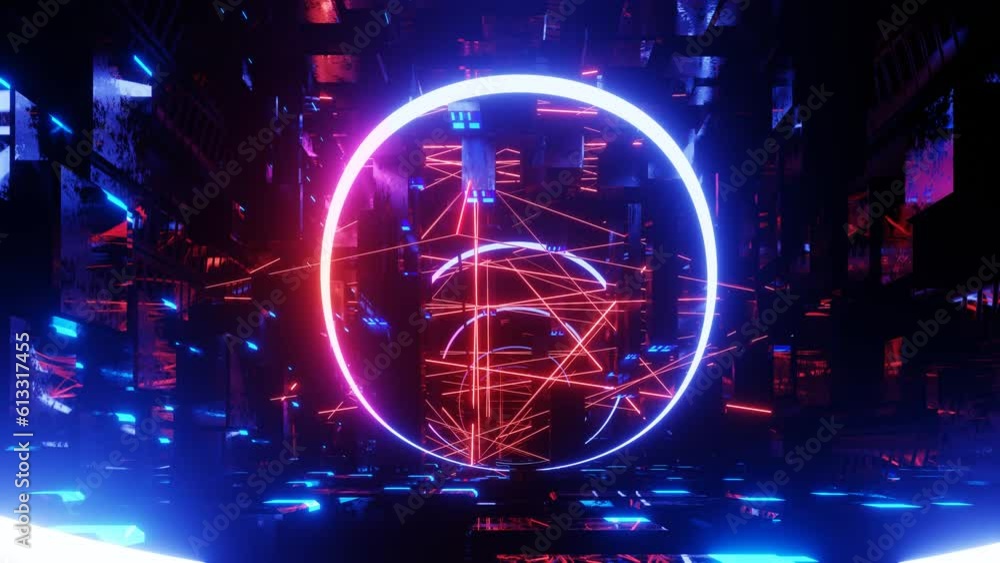 Poster hi-tech neon sci-fi tunel. trendy neon glow lines form pattern and construction in mirror tunnel. be