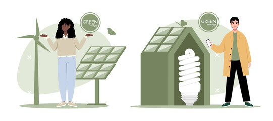 Green energy illustration set. Characters reduce energy consumption at home. Power save concept. Household energy and resources, meter installation