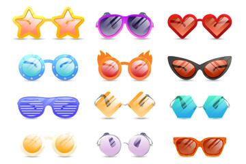 Glasses colorful vector set illustration. Carnival Glasses Realistic Set. Glasses summer symbol. Glasses set for traveling design.
