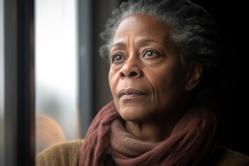 worried expression African American senior woman looks through window, feelings of sadness - obrazy, fototapety, plakaty