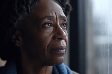Sad African American senior woman looking out of bright window on rainy day - Powered by Adobe