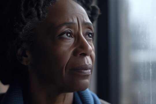 Sad African American Senior Woman Looking Out Of Bright Window On Rainy Day