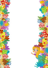 cartoon scene with coral reef and happy fishes swimming near mermaid princess isolated illustration for children