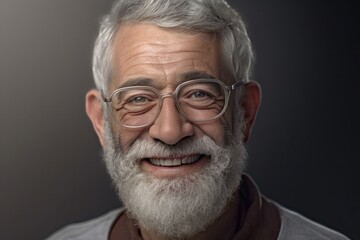 Obraz premium portrait of a joyful senior man, warm smile shining against a dark background.