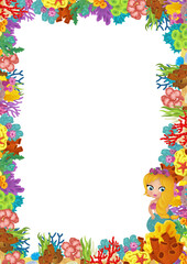 cartoon scene with coral reef and happy fishes swimming near mermaid princess isolated illustration for children