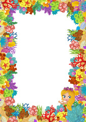 cartoon scene with coral reef and happy fishes swimming near mermaid princess isolated illustration for children